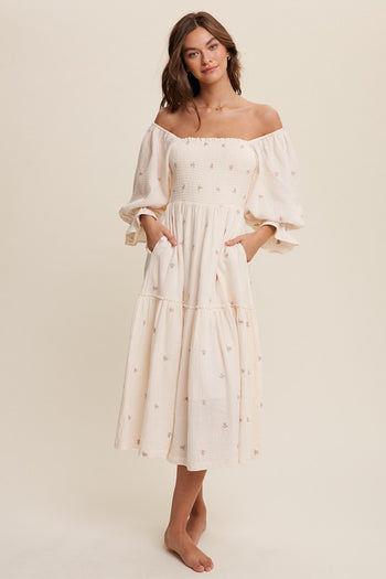 Ditzy Floral Embroidery Puff Sleeve Maxi Dress Listicle