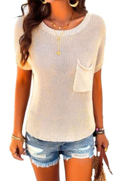 Women's Short Sleeve Front Pocket Knit Top Pullover Sweater HEQ3B65MWM Casual Chic Boutique