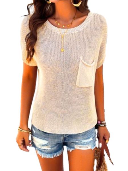 Women's Short Sleeve Front Pocket Knit Top Pullover Sweater HEQ3B65MWM Casual Chic Boutique