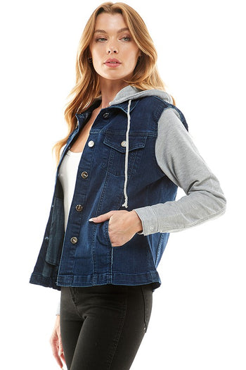 Spendex Ladies Denim Jacket with  Fleece Hoodie Blue Age