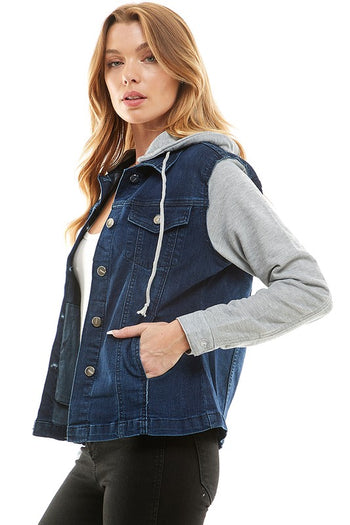 Spendex Ladies Denim Jacket with  Fleece Hoodie Blue Age