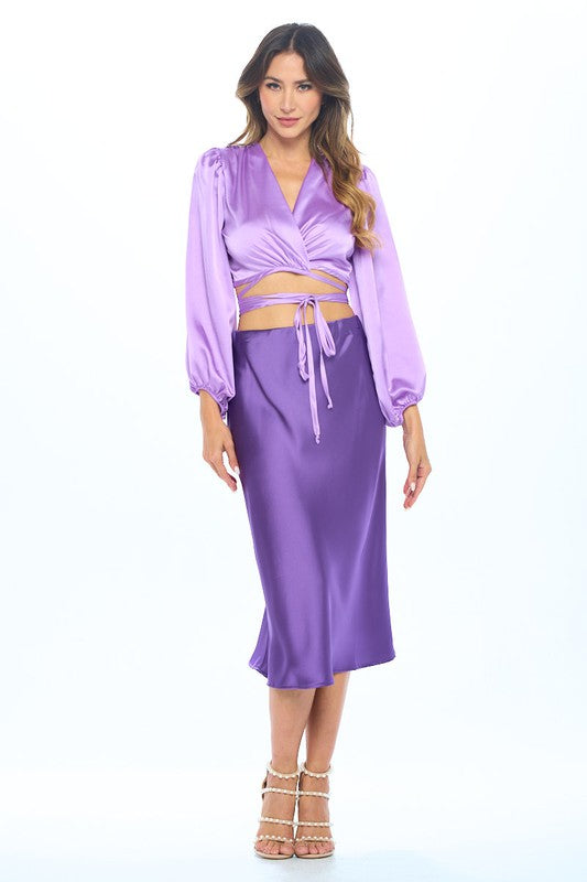 Silky Satin Wrap Crop Top with Tie Renee C.