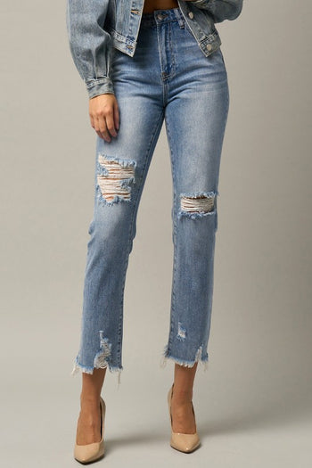 High Waist Distressed Fray Straight Jeans Denim Lab USA