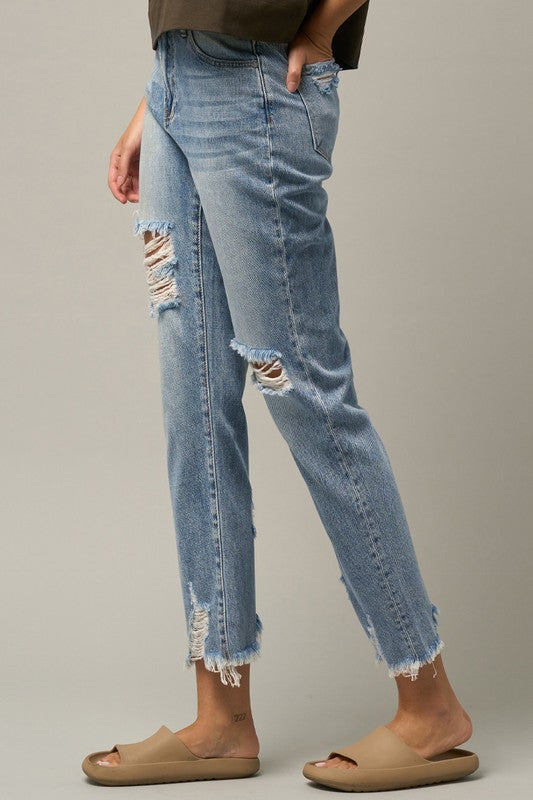 High Waist Distressed Fray Straight Jeans Denim Lab USA