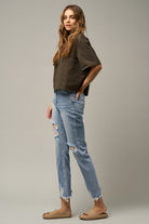 High Waist Distressed Fray Straight Jeans Denim Lab USA