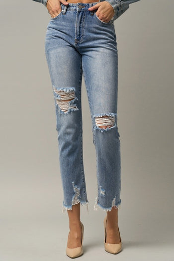 High Waist Distressed Fray Straight Jeans Denim Lab USA