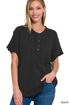 Raw Edge Detailed Button Closure Short Sleeve Top ZENANA