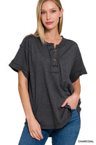 Raw Edge Detailed Button Closure Short Sleeve Top ZENANA