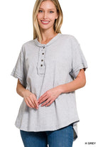 Raw Edge Detailed Button Closure Short Sleeve Top ZENANA