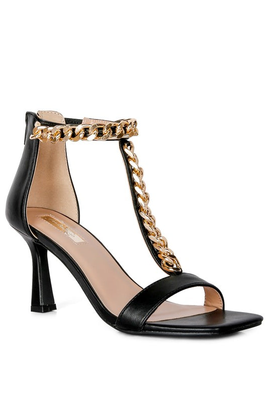 Real Gem T Strap Chain Detail Mid Heel Sandals Rag Company
