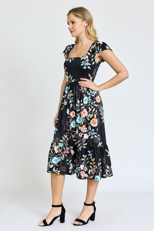 Flutter Sleeve Ditsy Floral Chevron Sundress EG fashion