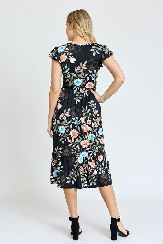 Flutter Sleeve Ditsy Floral Chevron Sundress EG fashion