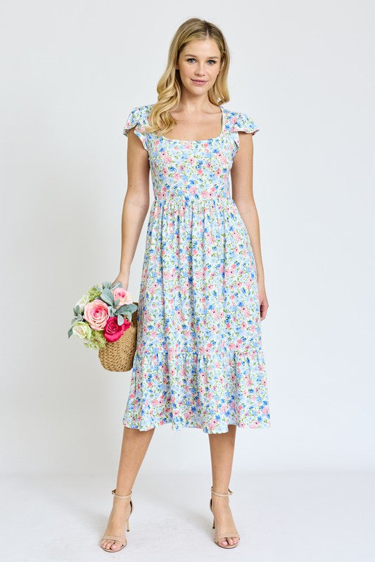 Flutter Sleeve Ditsy Floral Chevron Sundress EG fashion