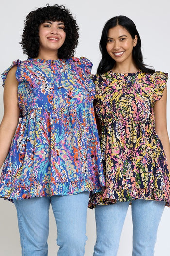 Ruffle floral leaf woven tunic top EG fashion