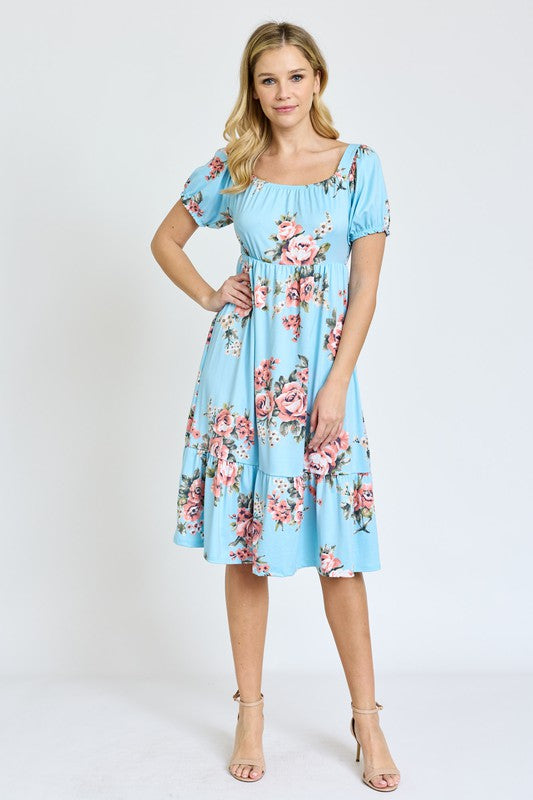 Floral Square Neck Puff Sleeve Boho Dress EG fashion