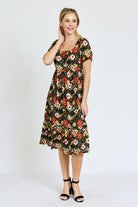 Floral Square Neck Puff Sleeve Boho Dress EG fashion