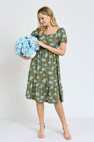 Floral Square Neck Puff Sleeve Boho Dress EG fashion