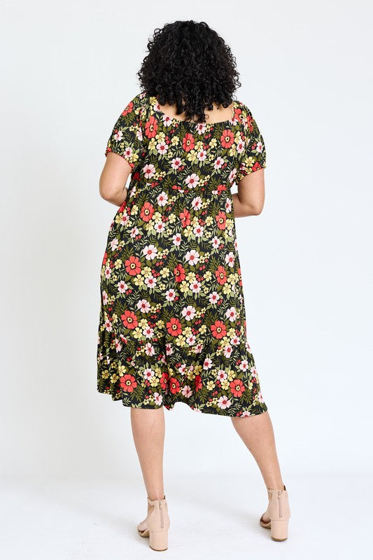 Plus Floral Square Neck Puff Sleeve Boho Dress EG fashion