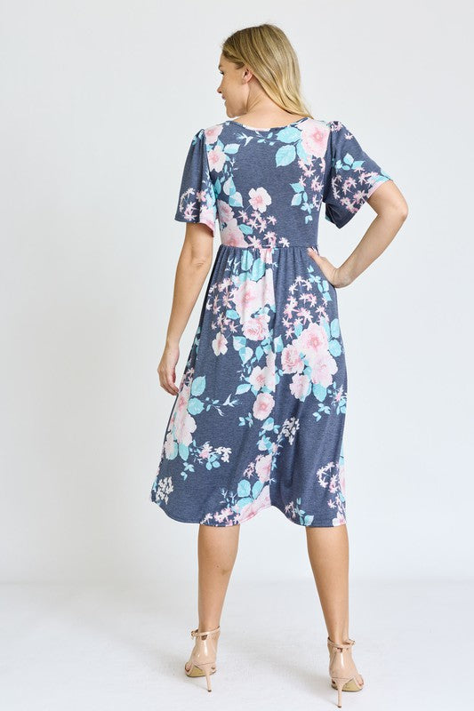 Kimono Sleeve Floral Tea Length Dress EG fashion