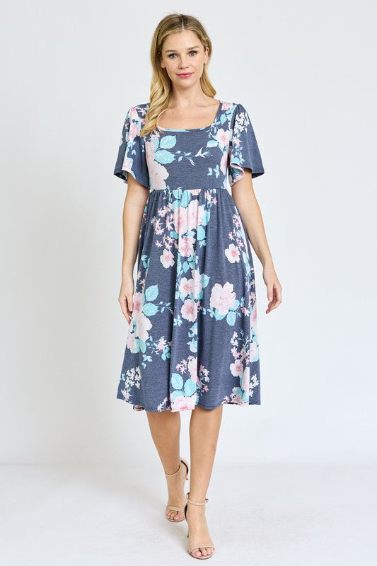 Kimono Sleeve Floral Tea Length Dress EG fashion