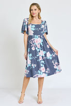 Kimono Sleeve Floral Tea Length Dress EG fashion