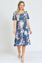 Kimono Sleeve Floral Tea Length Dress EG fashion