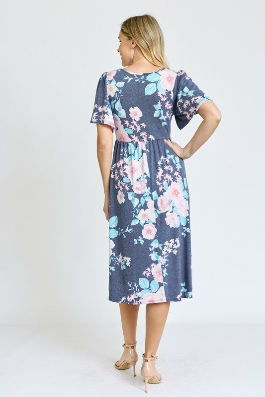 Kimono Sleeve Floral Tea Length Dress EG fashion