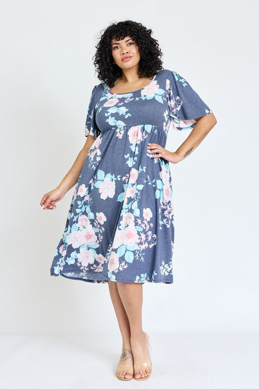 Plus Kimono Sleeve Floral Tea Length Dress EG fashion