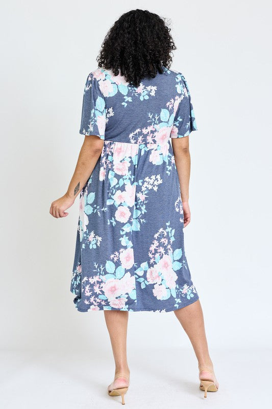 Plus Kimono Sleeve Floral Tea Length Dress EG fashion