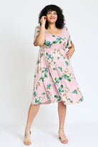 Plus Kimono Sleeve Floral Tea Length Dress EG fashion