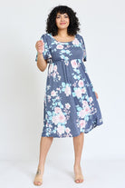 Plus Kimono Sleeve Floral Tea Length Dress EG fashion