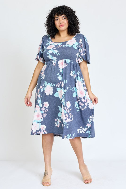 Plus Kimono Sleeve Floral Tea Length Dress EG fashion