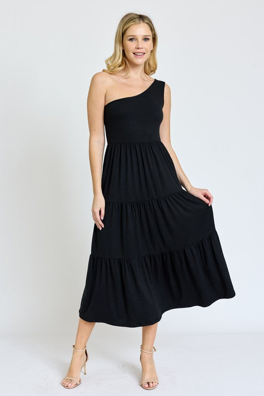 One Shoulder Ruffle Midi Dress EG fashion