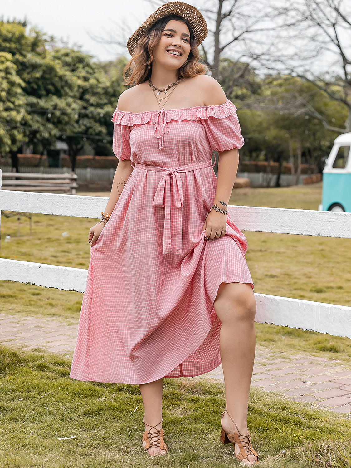 Plus Size Plaid Off-Shoulder Short Sleeve Midi Dress Trendsi