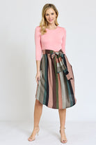 Quarter Sleeve Stripe Sash Midi Dress EG fashion