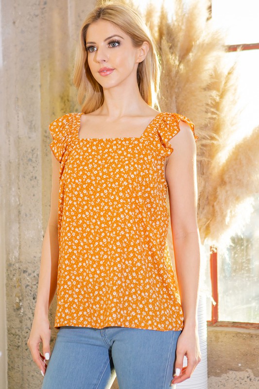 Woven Ruffle Sleeve Top Orange Farm Clothing