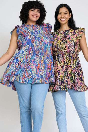 Ruffle floral leaf woven tunic top EG fashion