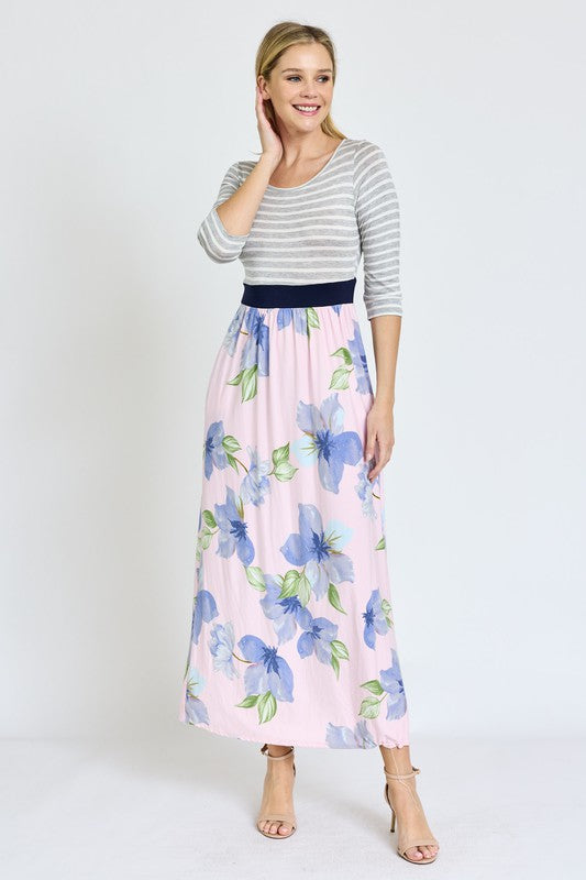 Stripe Band Floral Maxi Dress EG fashion