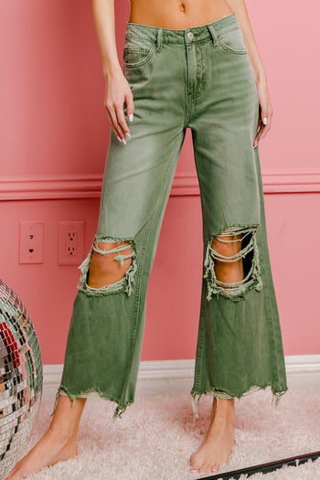 Distressed Vintage Washed Wide Leg Pants BiBi