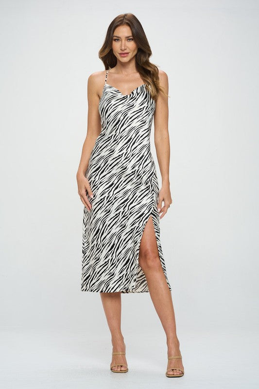 Zebra Print Satin Bias Slip Dress with Slit Renee C.