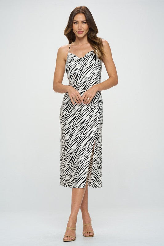 Zebra Print Satin Bias Slip Dress with Slit Renee C.