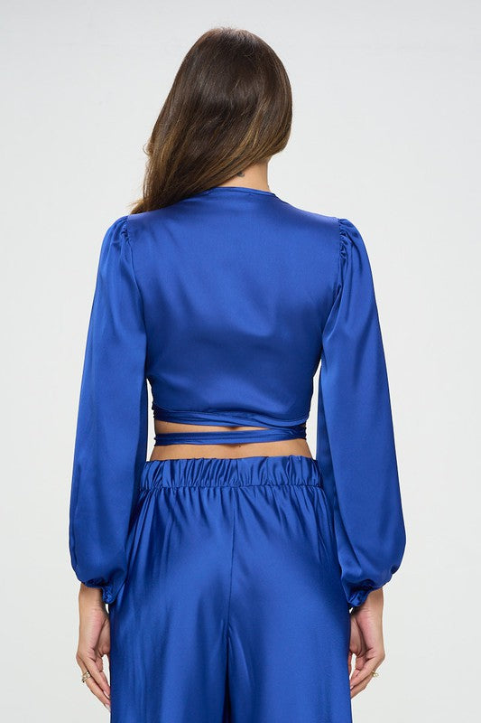 Silky Satin Wrap Crop Top with Tie Renee C.