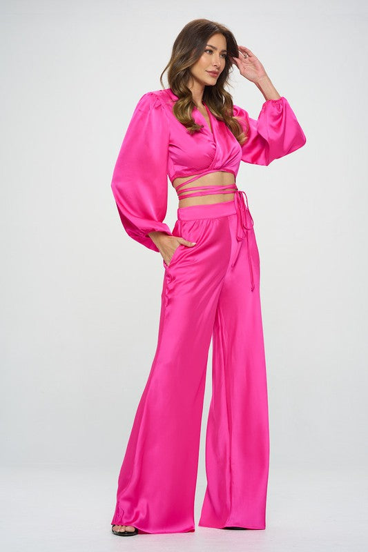 Silky Satin Wrap Crop Top with Tie Renee C.