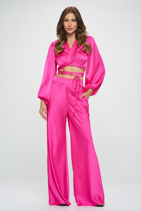 Silky Satin Wrap Crop Top with Tie Renee C.