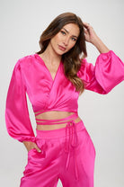 Silky Satin Wrap Crop Top with Tie Renee C.