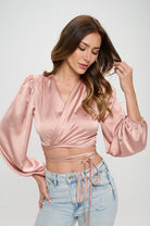 Silky Satin Wrap Crop Top with Tie Renee C.