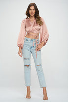 Silky Satin Wrap Crop Top with Tie Renee C.