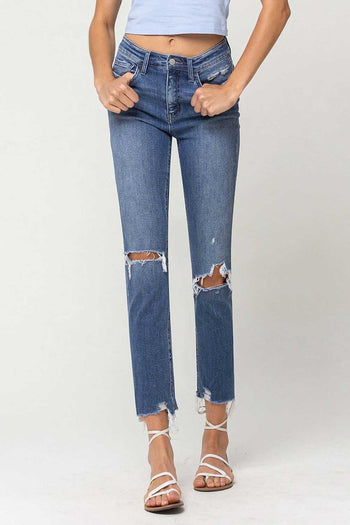 High Rise Distressed Hem Ankle Slim Straight Jeans Flying Monkey