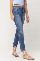 High Rise Distressed Hem Ankle Slim Straight Jeans Flying Monkey