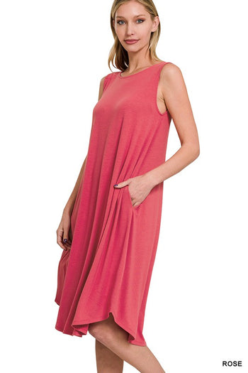 SLEEVELESS ROUND NECK ROUND HEM MIDI DRESS ZENANA